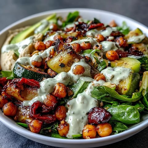 A colorful vegan Mediterranean Buddha Bowl with roasted vegetables, creamy avocado, and a drizzle of zesty tahini dressing.  