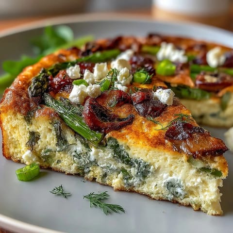 Vibrant spring vegetable frittata loaded with cherry tomatoes, zucchini, and herbs, perfect for a light and protein-packed meal.  