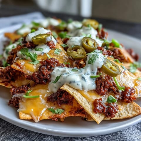 A generous platter of loaded baseball nachos with jalapeños and cheese sauce, ready for game day enjoyment.  