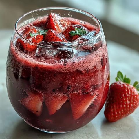 A vibrant glass of homemade Starbucks Strawberry Açaí Refresher, bursting with fresh strawberries and açaí flavor.