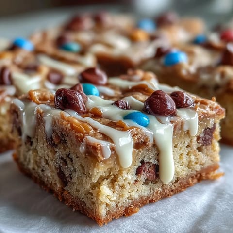 Vibrant graduation cookie bars filled with chocolate chips and colorful candies, topped with a smooth white chocolate drizzle for festive celebrations.  