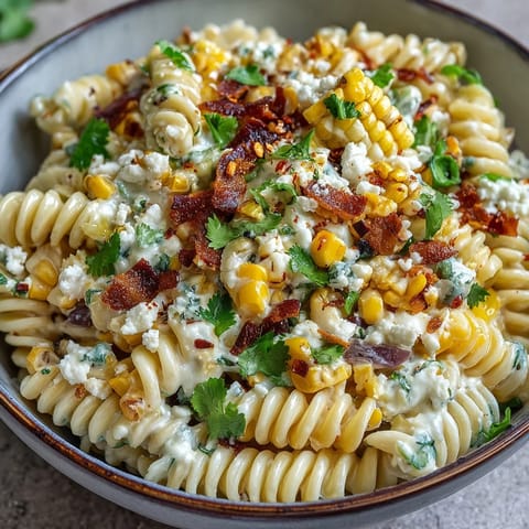 Bright Mexican street corn pasta salad featuring charred corn, tangy lime dressing, and crumbled Cotija cheese.  