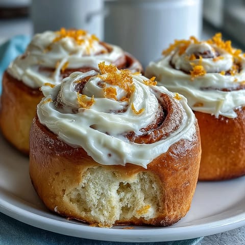 Soft orange rolls with orange cream cheese frosting, swirled with citrus zest and topped with a creamy, tangy glaze.