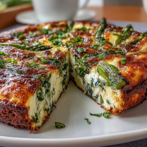 Spring Frittata with Asparagus, Peas and Goat Cheese topped with fresh herbs, golden edges, and creamy cheese.