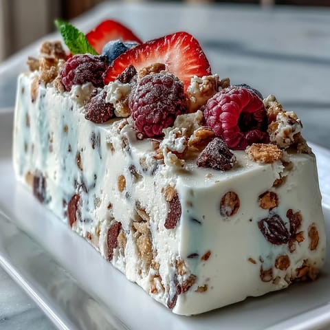 Creamy frozen yogurt bark topped with vibrant berries and crunchy granola, perfect for snacking.