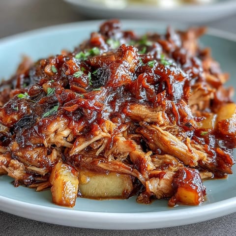 Honey Peach BBQ Pulled Pork slow-cooked in a crockpot, tender meat in sweet and smoky sauce with juicy peach slices.  