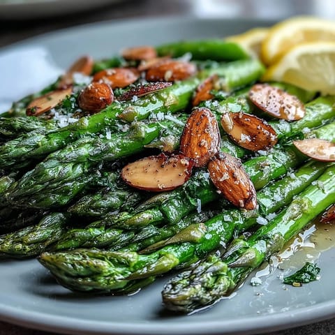 Bright asparagus spears sautéed in lemon butter, topped with golden toasted almonds for a fresh spring side dish.