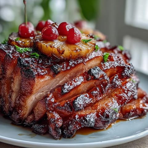 Honey glazed ham with pineapple rings, golden and glistening, served on a festive platter.