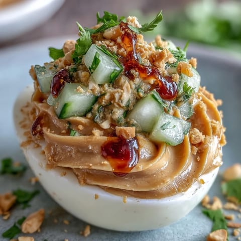 Vibrant Thai Peanut Deviled Eggs with a crunchy peanut and cilantro garnish.