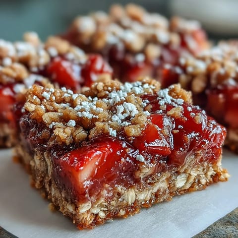 Golden baked Strawberry Rhubarb Crumble Bars with bubbling fruit filling.