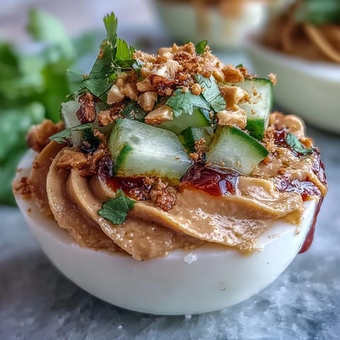 Creamy Thai Peanut Deviled Eggs topped with fresh, zesty cucumber relish.