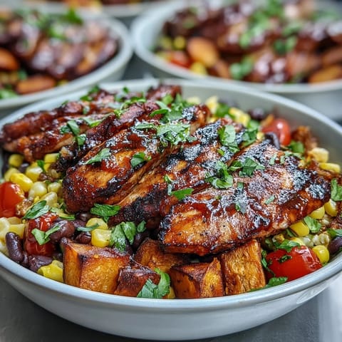 Colorful BBQ Chicken Meal Prep Bowls with sweet potato, beans, and fresh veggies.