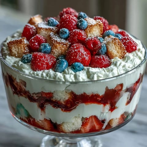 Red White Blue Berry Trifle: visually stunning layers of cake, cream, and fresh fruit.