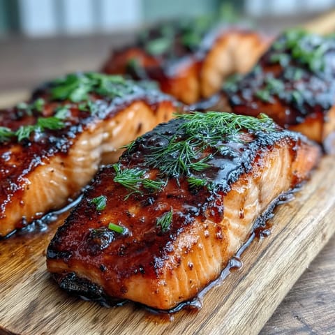 Succulent salmon fillets brushed with maple Dijon glaze, hot off the grill.