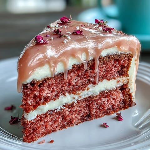 Pink rosé velvet cake with luxurious cream cheese frosting and shimmering gold drip.
