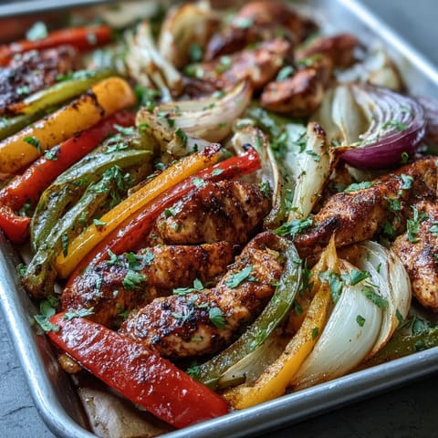 Sheet pan chicken fajitas sizzling with colorful peppers, ready for warm tortillas.