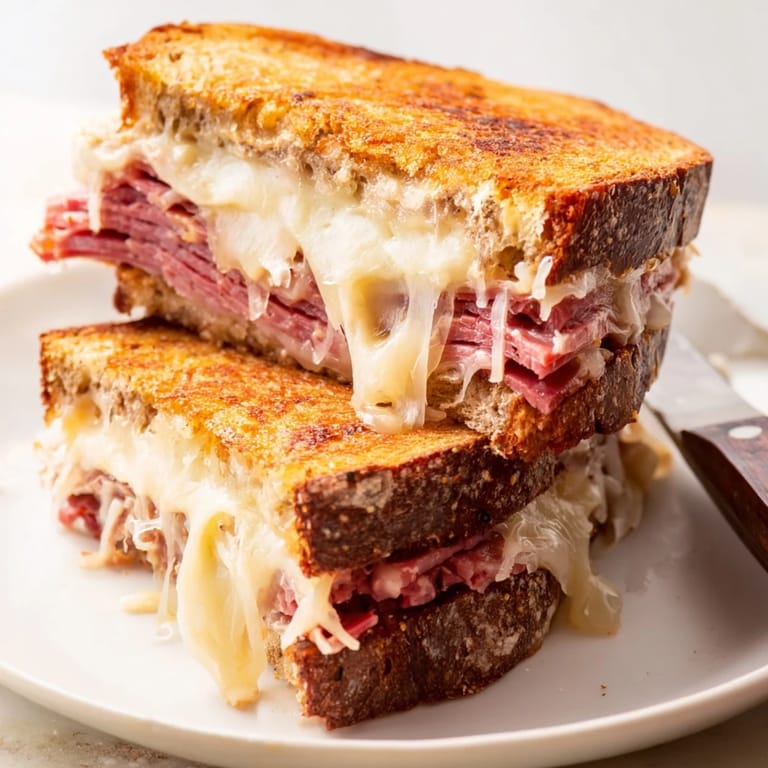 A classic Reuben sandwich on a wooden cutting board, buttery rye bread grilled to perfection with layers of corned beef and tangy sauerkraut.