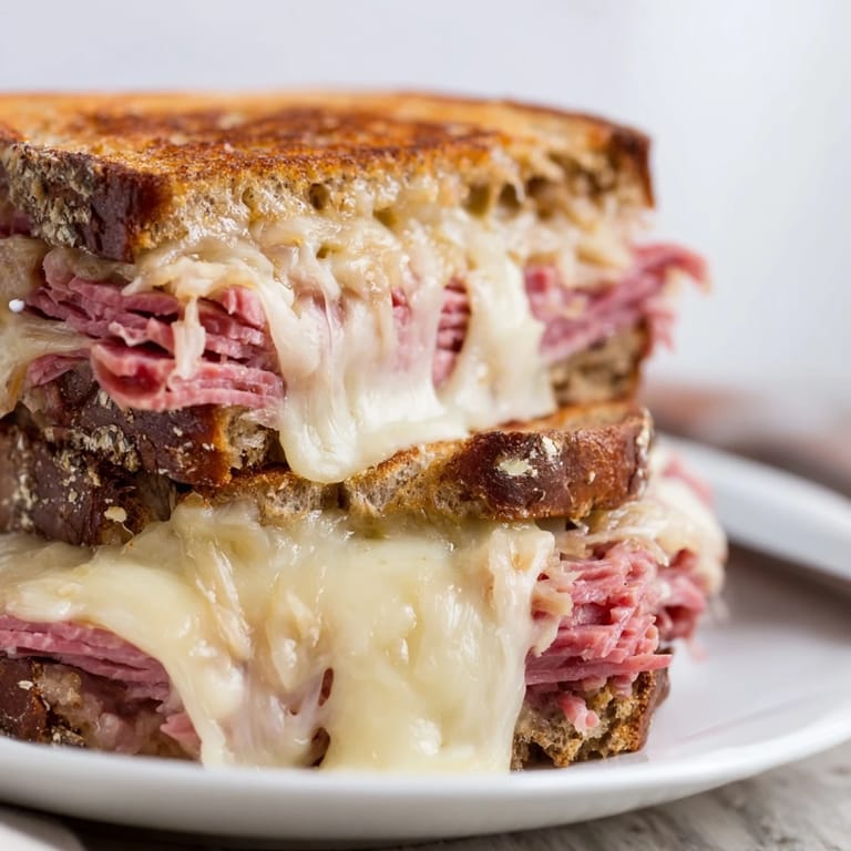 Close-up of a warm Reuben sandwich, melted Swiss cheese pulling apart, served with dill pickles and potato chips for a classic deli meal.