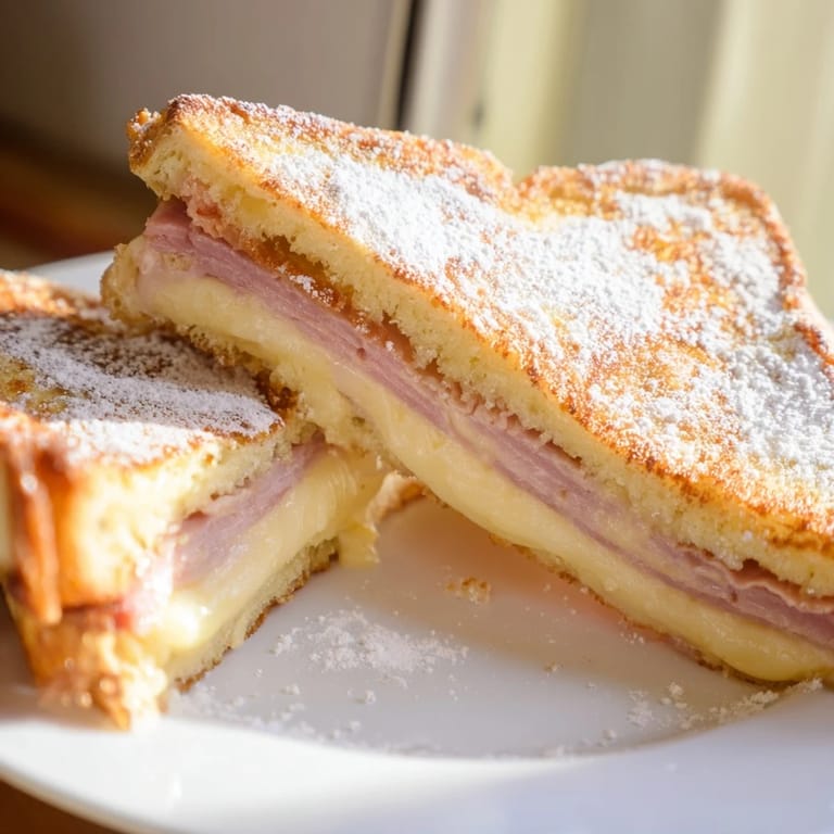 Monte Cristo sandwich slice revealing layers of ham and melted Swiss, egg-dipped crust and raspberry preserves garnish.