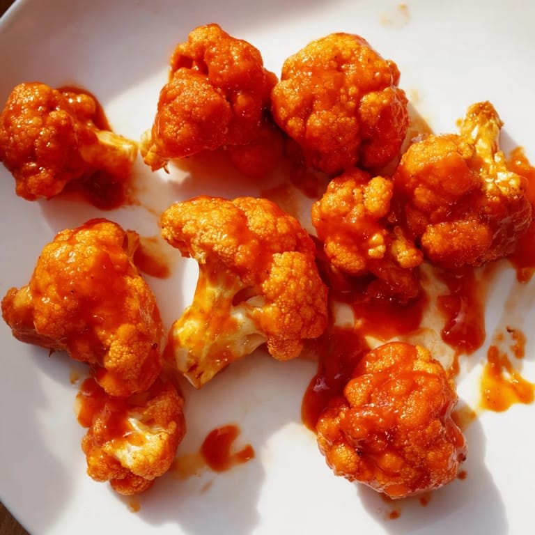 Freshly baked Buffalo Cauliflower Wings with a crunchy coating, drizzled in buttery buffalo sauce alongside crisp celery for dipping.