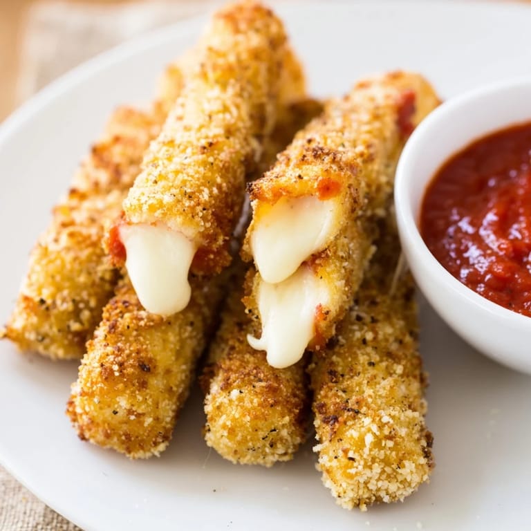 A basket of homemade Mozzarella Sticks, breaded with panko and herbs, ready to be dipped into rich tomato sauce.