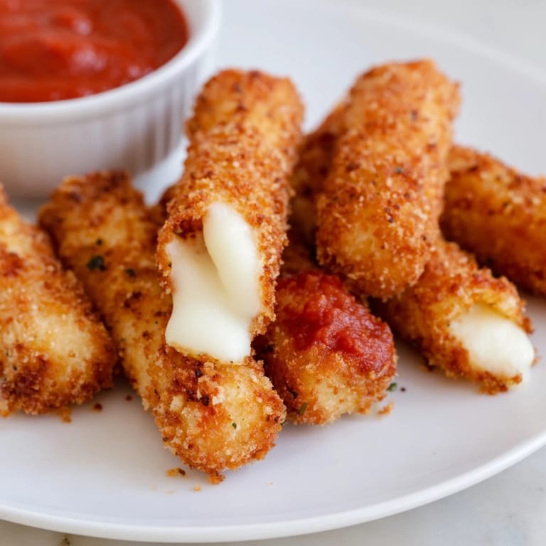 Freshly fried Mozzarella Sticks with golden-brown breading and a side of warm marinara on a rustic wooden table.