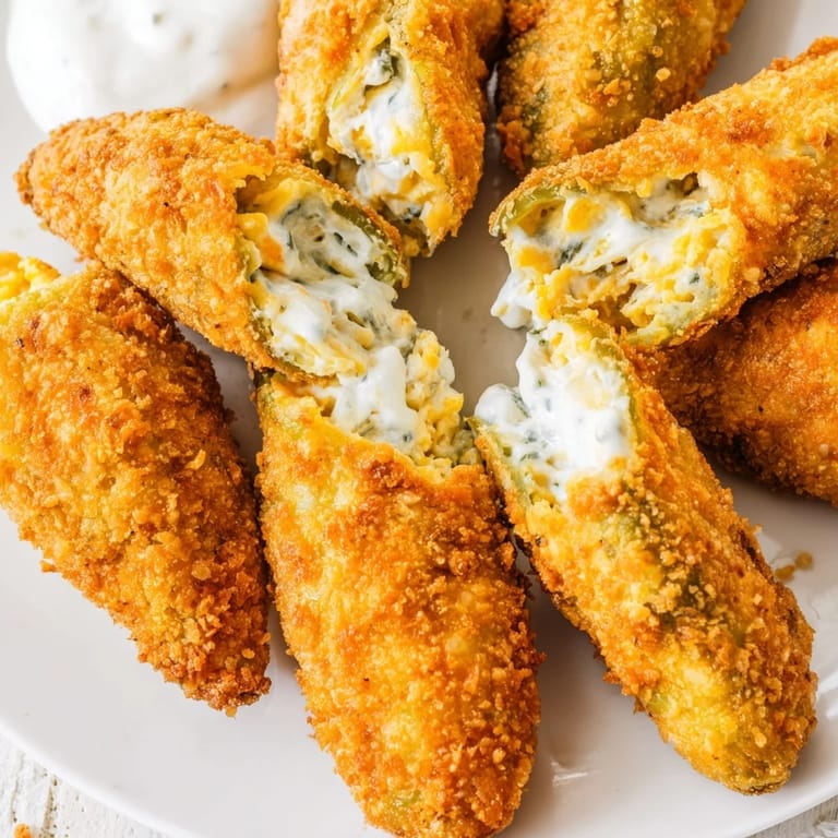 Cheesy, fried Jalapeño Poppers with crunchy breadcrumbs are served on a rustic wooden platter.
