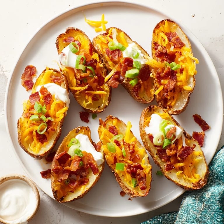 Freshly baked potato skins loaded with cheese and bacon, ready to serve with sour cream and chives.