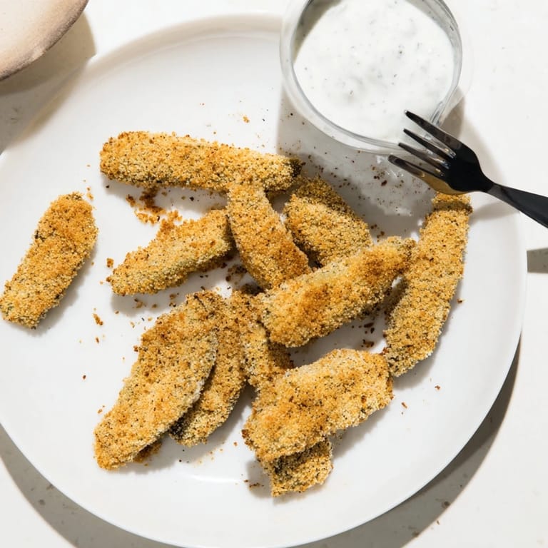 A close-up of a single Fried Pickles spear showing the seasoned breadcrumb coating, with more pickles blurred in the background.