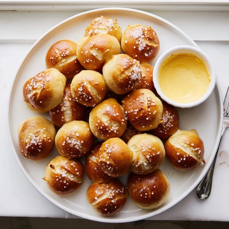 A close-up of Pretzel Bites with Cheese Dip, featuring golden-brown crusts and a creamy dip bowl.