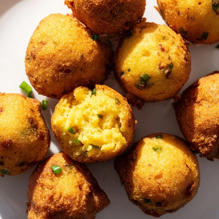 A close-up of golden-brown Hushpuppies, steam rising from the crunchy cornmeal crust and soft savory middle.