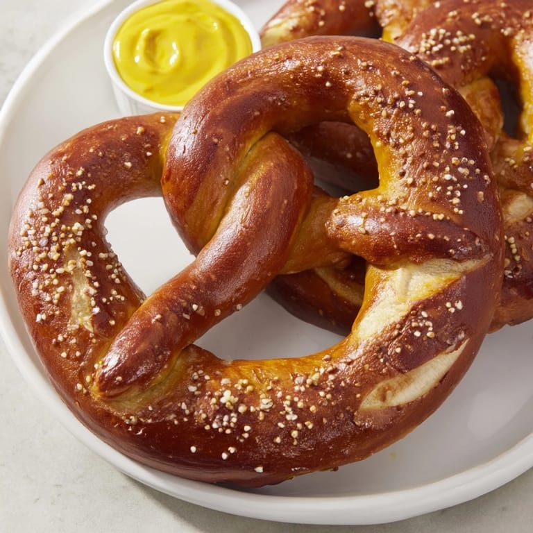 Large twisted Soft Pretzels with a chewy interior, brushed with egg wash and resting on a cooling rack.