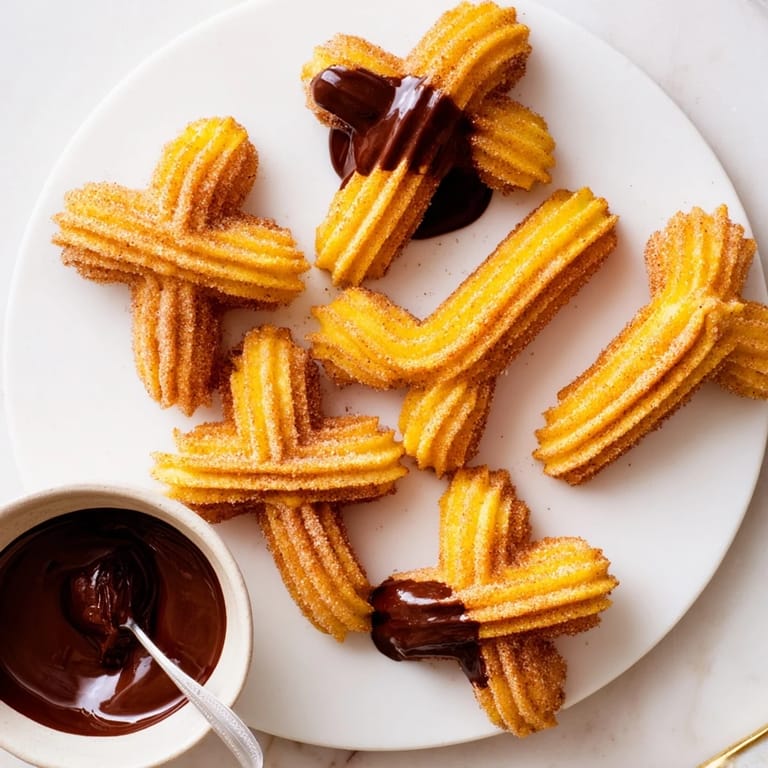 Freshly fried Spanish churros stacked on a plate with a cup of hot chocolate.