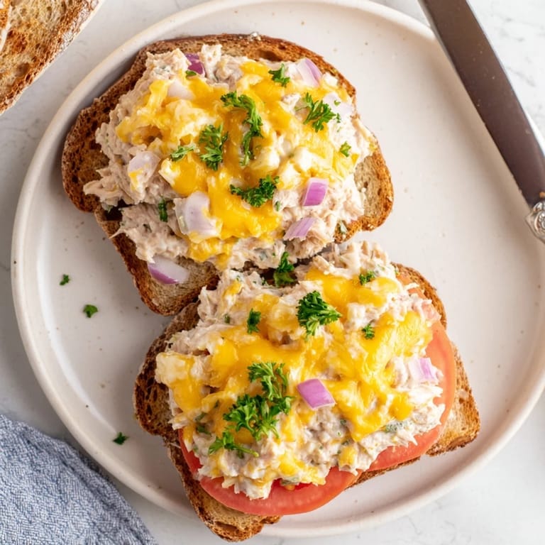 Cheesy Tuna Melt broiled until golden brown, served hot with a side of dill pickles and a crisp green salad.