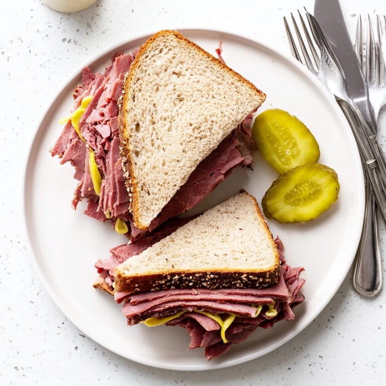 An open-faced Pastrami on Rye showing layers of seasoned meat, mustard, and rye bread, ready to eat.