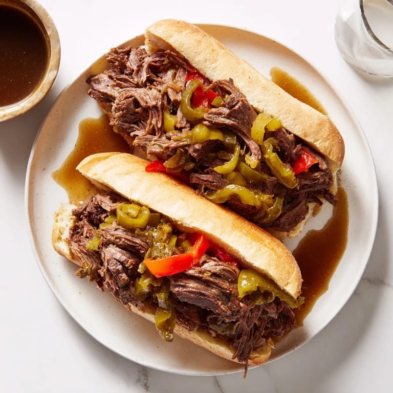 Italian Beef Sandwich with crispy crusty bread ready for dipping into a small bowl of rich, savory au jus.