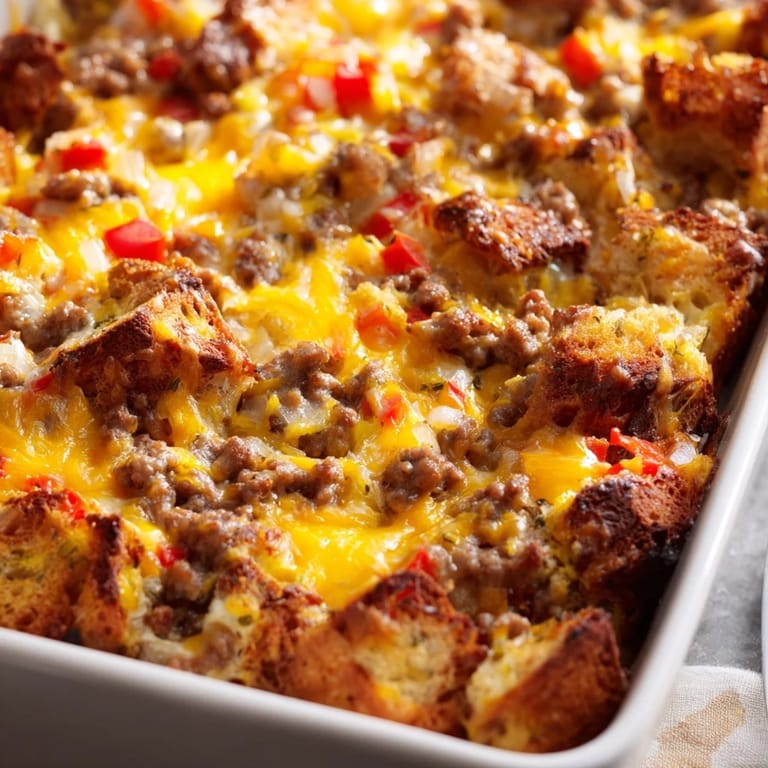 A hearty slice of savory sausage and egg casserole served on a plate, perfect for brunch.