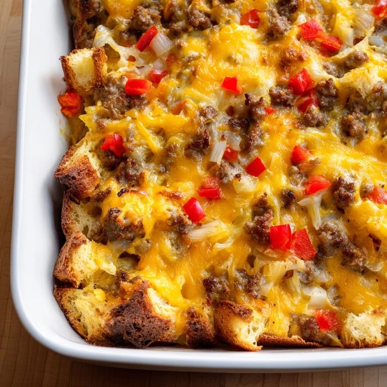 Layered Breakfast Sausage Casserole with fluffy egg custard, bread cubes, and colorful peppers peeking through.
