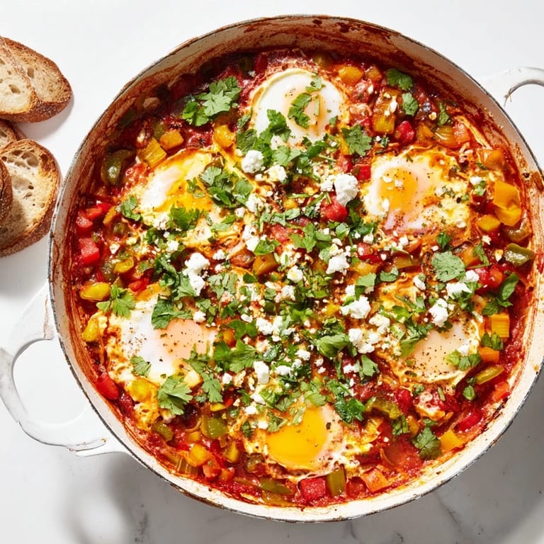 Homemade Shakshuka with runny yolks nestled in rich tomato and pepper sauce, ready to be scooped up with pita bread.