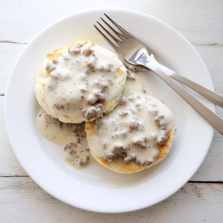 Freshly baked biscuits smothered in rich sausage gravy, served warm on a rustic plate.