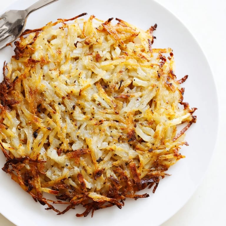 Close-up view of shredded Hash Browns with onions, showcasing golden edges and a fluffy interior on a white plate.