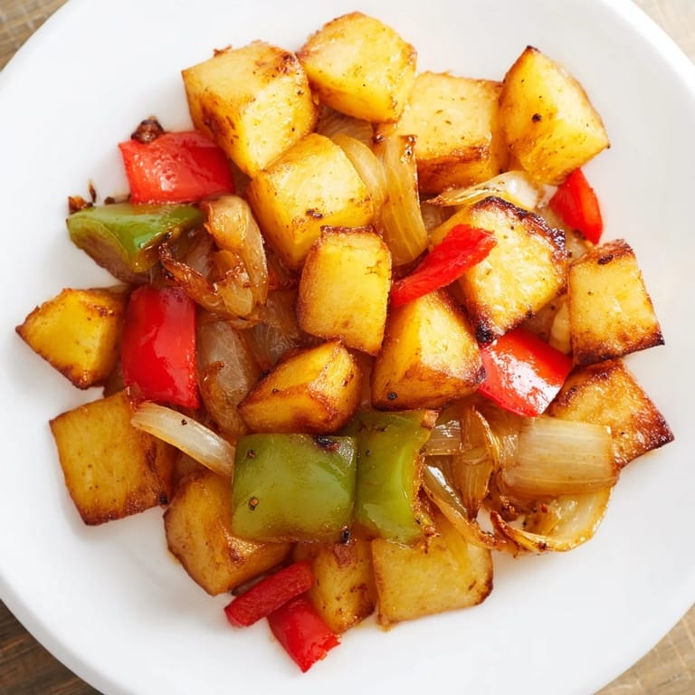Russet potatoes and peppers topped with a pat of butter, served alongside scrambled eggs. 