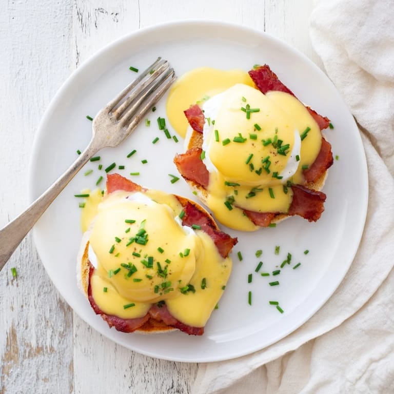 Savory Canadian bacon and runny-yolk Eggs Benedict served warm for a classic brunch.