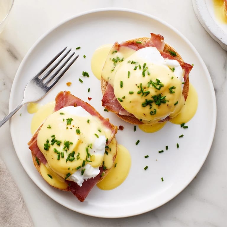 Assembled Eggs Benedict plate garnished with chives, perfect for a delicious breakfast or brunch.