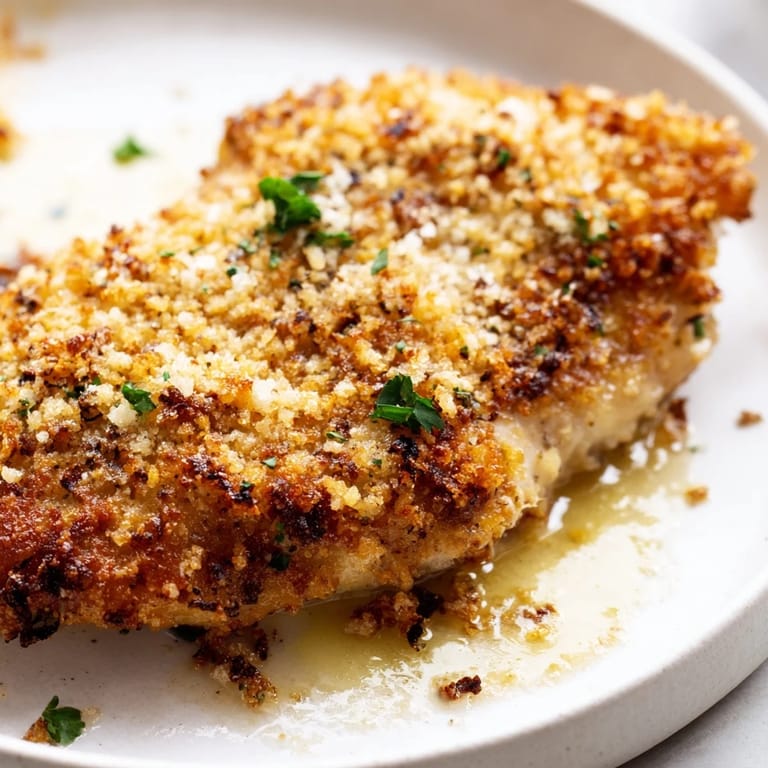 Served hot on a plate with fresh parsley garnish, this Roasted Garlic Parmesan Chicken is a perfect gluten-free main dish.