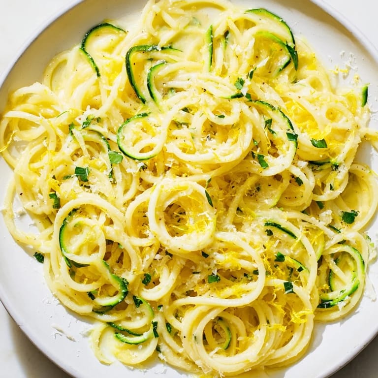 A close-up of lemon zucchini pasta garnished with parsley and a lemon wedge, served on a white plate.  