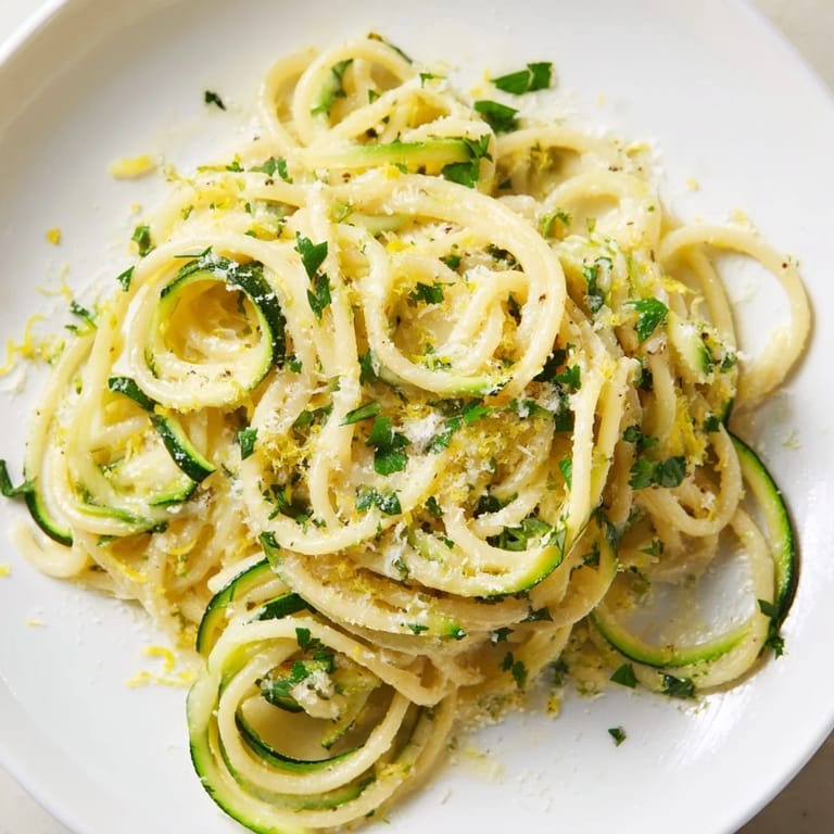 Spiralized zucchini and spaghetti tossed in a buttery lemon sauce, ready to be enjoyed hot.