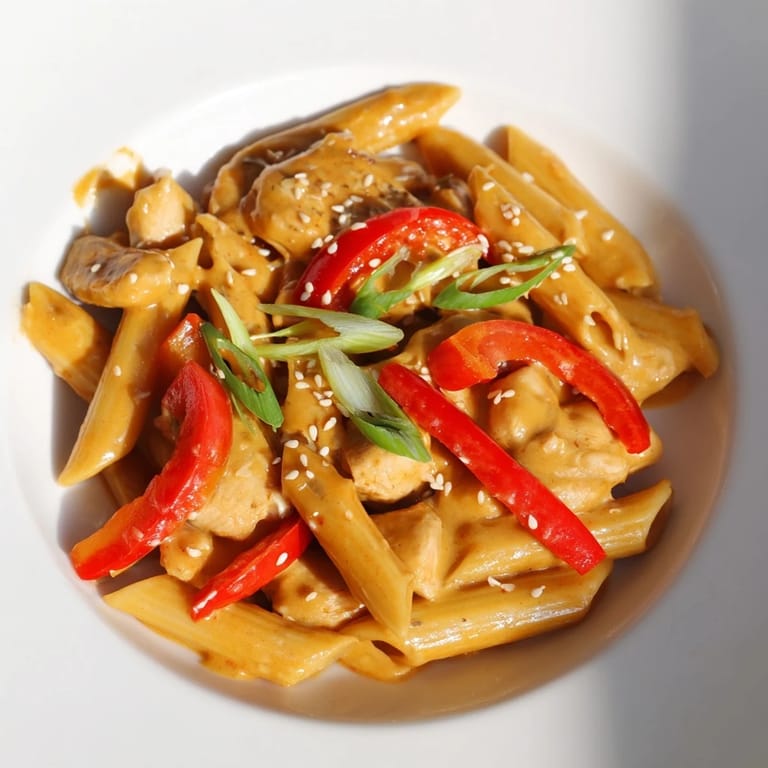 Sweet Chili Chicken Pasta served hot, featuring golden chicken pieces and glossy sauce coating penne pasta.  