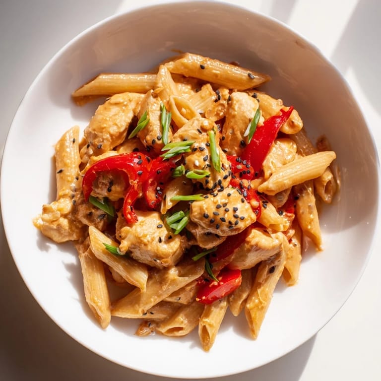 Close-up of Sweet Chili Chicken Pasta garnished with green onions and sesame seeds, paired with white wine.