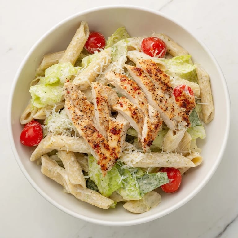 A close-up of hearty Spicy Chicken Caesar Pasta, garnished with Parmesan and croutons, served in a white bowl.